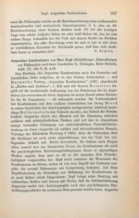 387-388 [Rezension] Zepf, Max, Augustins Confessiones