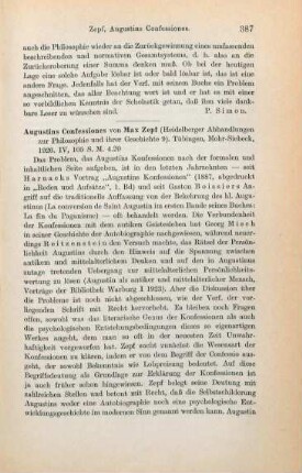 387-388 [Rezension] Zepf, Max, Augustins Confessiones