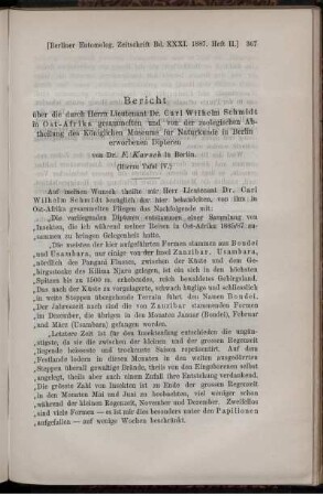 Bericht über die durch Herrn Lieutenant Dr. Carl Wilhelm Schmidt n Ost-Afrika gesammelten und von der zoologischen Abteilung des Königlichen Museums für Naturkunde in Berlin erworbenen Dipteren