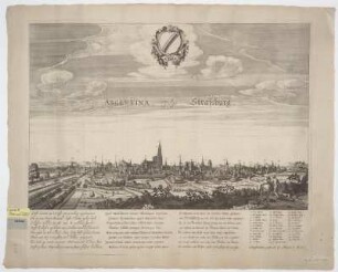 Ansicht von Straßburg, Radierung, um 1650? : Argentina : vulgo Strassburg / by Hendrick Focken. - Amsterdam : Focken , [um 1650?]. - 1 Ansicht : Radierung ; 51 x 41 cm. Mit Erl. - Mit Gebäudeverzeichn. - Mit Wappen