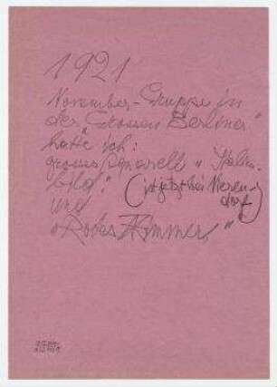 Nachträgliche Notiz von Hannah Höch zu ihrem Beitrag bei der Großen Berliner Kunstausstellung 1921