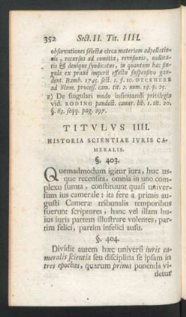 Titulus IIII. Historia Scientiae Iuris Cameralis.