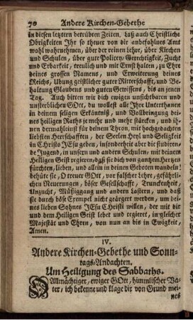 IV. Andere Kirchen-Gebethe und Sonntags-Andachten.