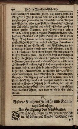 IV. Andere Kirchen-Gebethe und Sonntags-Andachten.