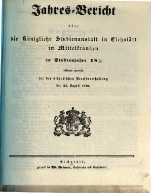 Jahres-Bericht der K. Studienanstalt Eichstätt : für das Studienjahr ... 1839/40