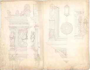 Bühlmann, Josef; Skizzen (Architektur, Möbel, Ornamente) - Uhrentwürfe (Teilansicht, Schnitt, Details)