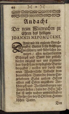 Andacht Der neun Mittwochen zu Ehren des heiligen Nepomuceni.