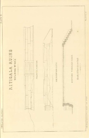 Plate N. Ritigala ruins. Building No. 40 "A". Front elevation. Side elevation (south). Section through A. B. C. D.