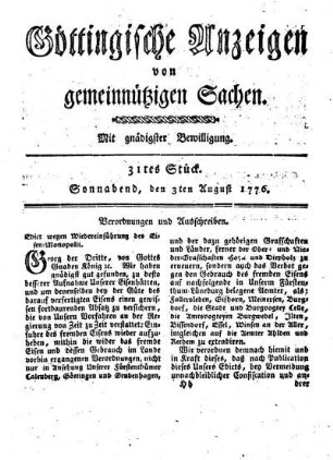 31tes Stück. Sonnabend, den 3ten August 1776.