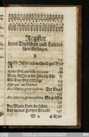 Register derer Teutschen und Lateinischen Gesängen.