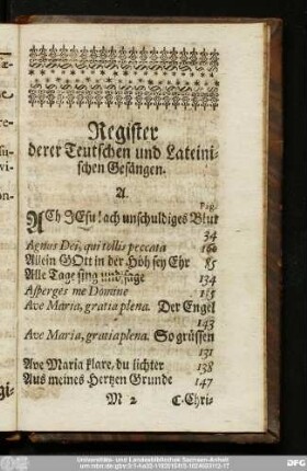 Register derer Teutschen und Lateinischen Gesängen.