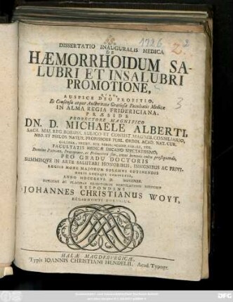 Dissertatio Inauguralis Medica De Hæmorrhoidum Salubri Et Insalubri Promotione