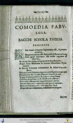Comoedia fabulosa. Bacchi schola eversa.