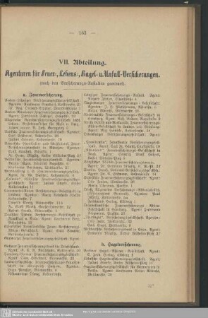 VII. Abteilung. Agenturen für Feuer-, Lebens-, Hagel- u. Unfall-Versicherungen