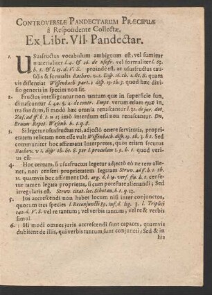 Controversiae Pandectarum Praecipuae a Respondente Collectae. Ex Libr. VII. Pandectar.