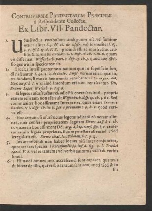 Controversiae Pandectarum Praecipuae a Respondente Collectae. Ex Libr. VII. Pandectar.
