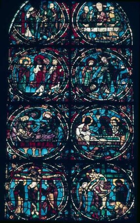 Chartres: Kathedrale, Glasfenster, Passionsfenster Medaillon 7 bis 14, Abendmahl bis Kreuzabnahme