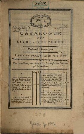 Catalogue des livres nouveaux, livres nationaux, avec privilège [1771]