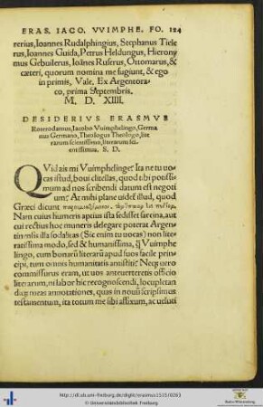Desiderius Erasmus Roterodamus Iacobo Vuimphelingo