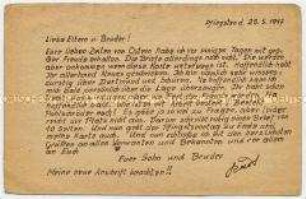 Vordruck-Postkarte aus einem sowjetischen Kriegsgefangenenlager an die Familie in Dortmund - Personenkonvolut