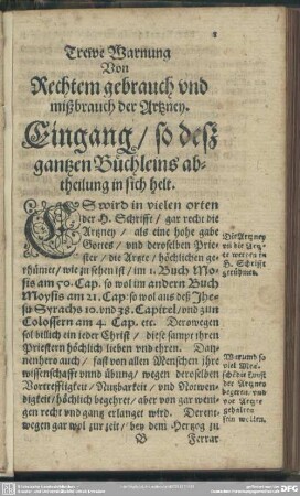 Eingang, so deß gantzen Büchleins abtheilung in sich helt