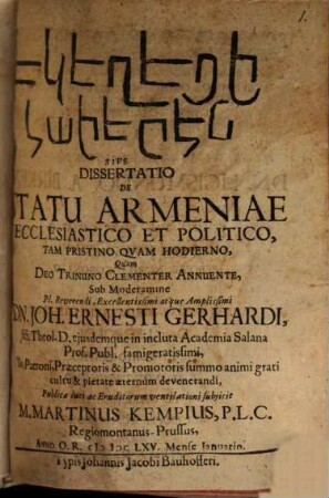 Ekeġec'i hayerēn sive Dissertatio de statu Armeniae ecclesiastico et politico, tam pristino, quam hodierno