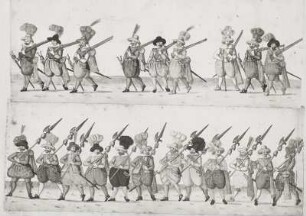 Aufzug zur Fastnacht 1609 in Dresden : Landsknechte mit Hakenbüchsen und Hallebarden. Blatt 124 aus: Abriß und Verzeichnis aller Inventionen und Aufzüge, welche an Fastnachten Anno 1609 im kurfürstl. Schlosse zu Dresden aufgeführt wurden. Deckfarben; ca. 289 x 527 mm. Dresden: SLUB Mscr.Dresd.J.18