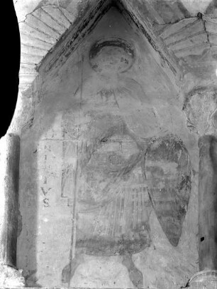 Fragment eines Heiligen mit Schild und Lanze