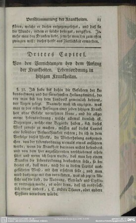 Drittes Capitel. Von den Verrichtungen bey dem Anfang der Krankheiten. Lebensordnung in hitzigen Krankheiten