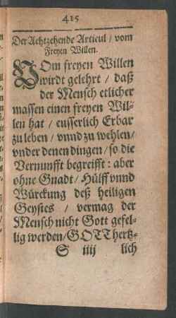 Der Achtzehende Articul/ vom Freyen Willen