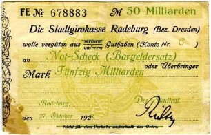 Not-Scheck (Bargeldersatz) über Fünfzig Milliarden Mark