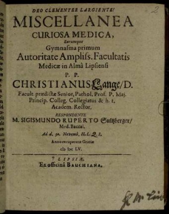 Miscellanea Curiosa Medica, Eorumque Gymnasma primum