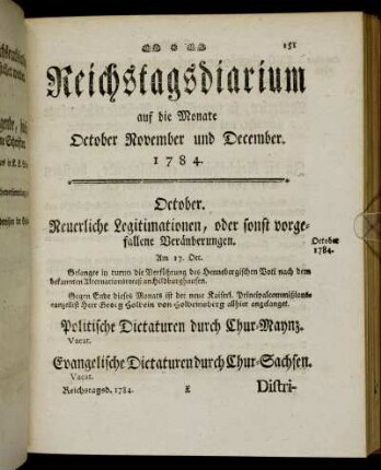 Reichstagsdiarium auf die Monate October November und December. 1784.