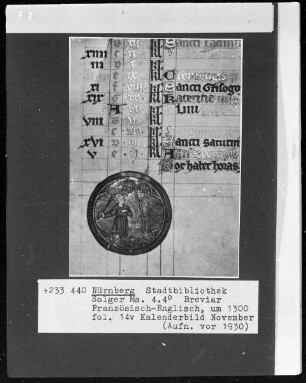 Breviar — Kalenderseite November mit Monatsbild, Folio 14verso