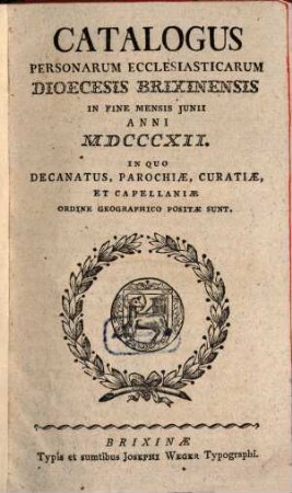 Catalogus personarum ecclesiasticarum Dioecesis Brixinensis, 1812