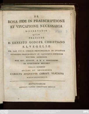 De Bona Fide In Praescriptione Et Vsvcapione Necessaria Dissertatio