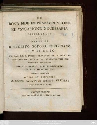 De Bona Fide In Praescriptione Et Vsvcapione Necessaria Dissertatio