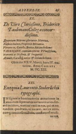 XXI. Exequiae Laurentii Seuberlichii typographi.