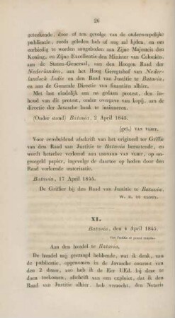 XI. Batavia, den 4 April 1845. An den handel de Batavia.