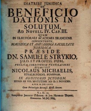 Diatribe Iuridica De Beneficio Dationis In Solutum : Ad Novell. IV. Cap. III.