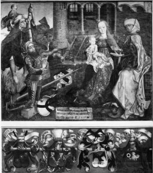 Landkomtur Konrad von Schuchwitz, die Madonna anbetend : Landkomtur Konrad von Schuchwitz, die Madonna anbetend. Tafelmalerei (um 1490). Graz, Leech-Kirche (Maria am Leech)