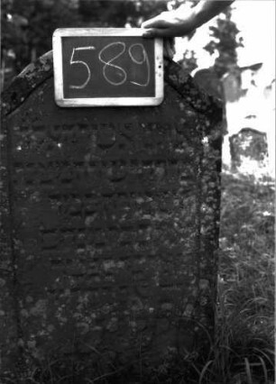 Grabstein 589 (Index: 100102452) Material: Sandstein Zustand: leicht verwittert, unten abgeblättert Maße HxBxT: 104x55x10 cm Beschreibung: Stele, Konvexbogenabschluss, Schriftfeld eingetieft: Grabstein 589 (Detailaufnahme)