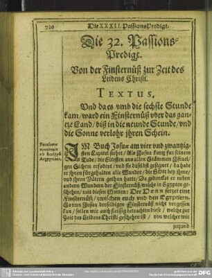 Die 32. Passions-Predigt. Von der Finsternüß zur Zeit des Leidens Christi