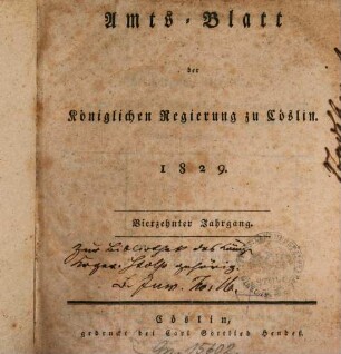 Amts-Blatt der preußischen Regierung zu Köslin. 1829 = Jg. 14