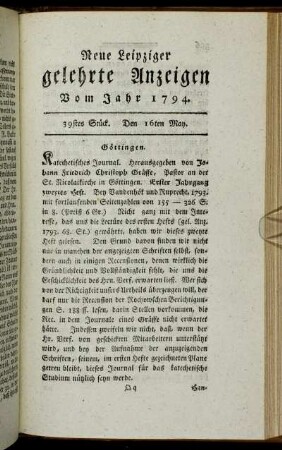 39stes Stück. Den 16ten May.