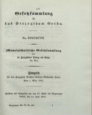 497. Hausgesetz für das herzoglich Sachesn-Coburg-Rothaische Haus. Vom 1. März 1855.