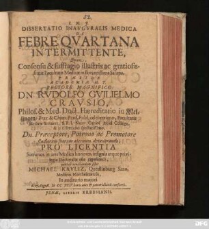 Dissertatio Inauguralis Medica De Febre Quartana Intermittente
