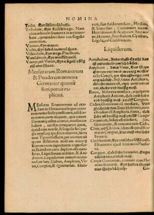 Mensurarum Romanarum & Ponderum nomina Germanice quantum fieri potuit explicata.