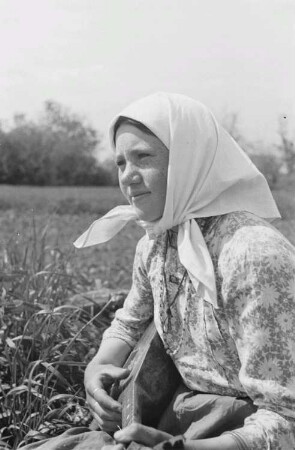 Zweiter Weltkrieg. Zur Einquartierung. Sowjetunion. Porträt eines Bauernmädchens mit Balalaika