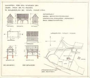 Fischer, Theodor; Icking - Schlederloh (Isartal); Landhaus Theodor Fischer - Lageplan, Grundriss, Ansicht, Schnitte